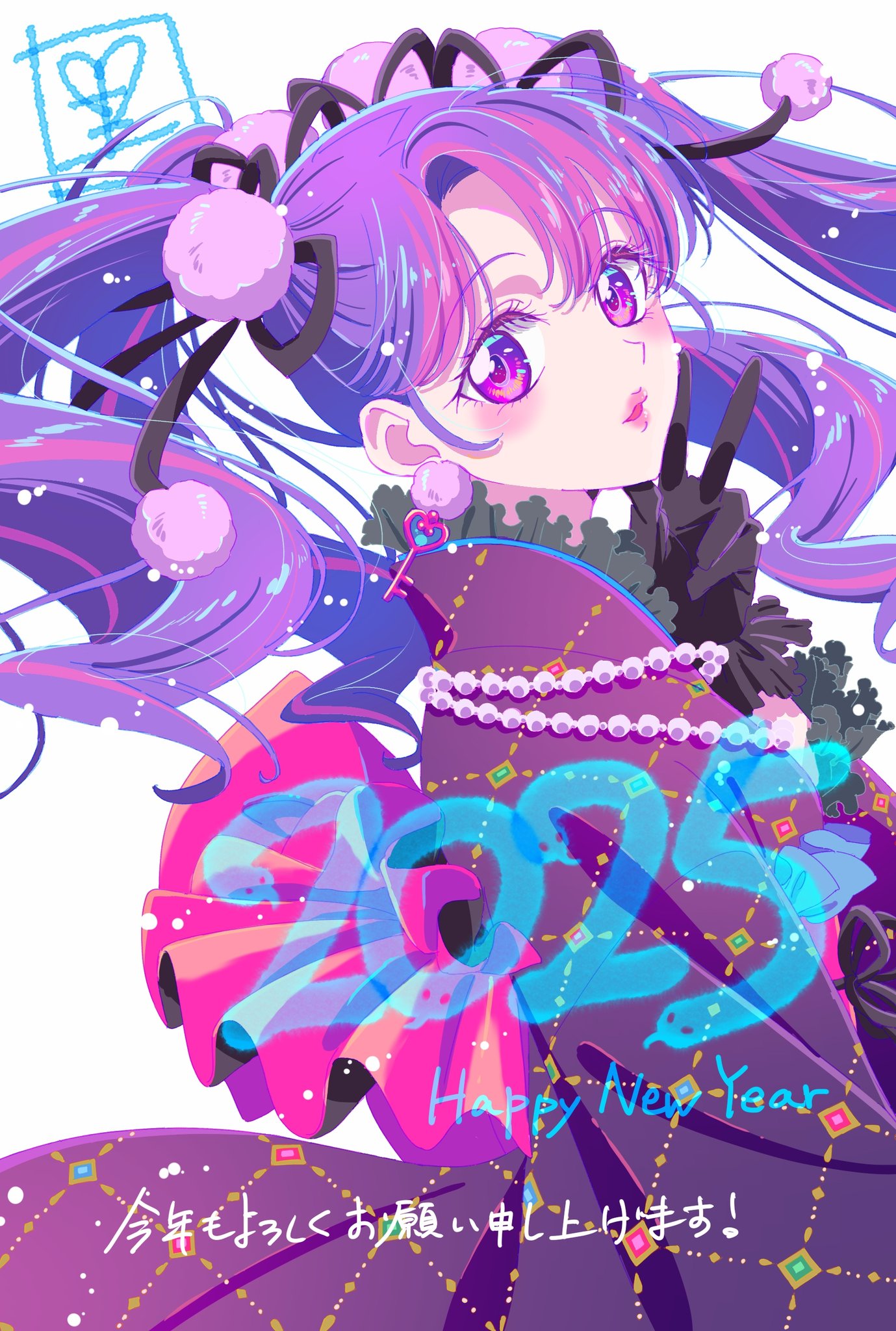 2025, aikatsu!_(series), aikatsu_academy!, black_gloves, black_ribbon, blush, earrings, english_text