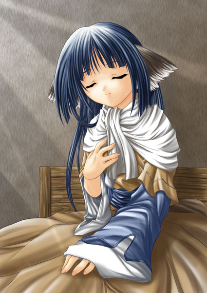 1girl, 2000s_(style), animal_ears, bed, blanket, blue_hair, blue_sash, capelet, closed_mouth, fingernails, hand_on_own_chest, hand_up, layered_sleeves, light_rays, long_hair, long_sleeves, mio_(fastest_lap), on_bed, sash, solo, under_covers, utawarerumono, white_capelet, yuzuha_(utawarerumono)