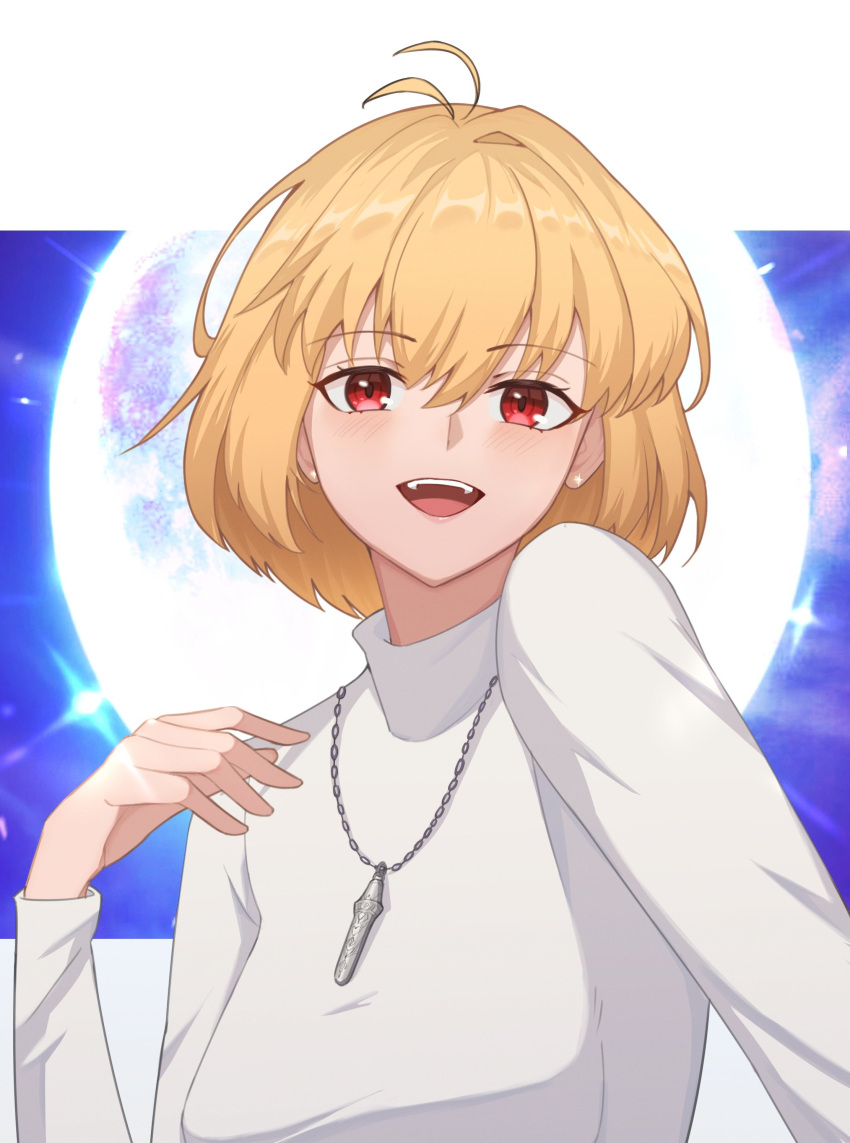 1girl, absurdres, ahoge, antenna_hair, arcueid_brunestud, blonde_hair, blush, earrings
