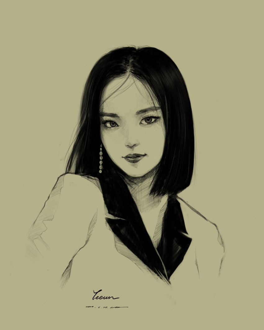 1girl, bob_cut, clc_(k-pop_group), closed_mouth, commentary, cropped_torso, earrings, eyeliner