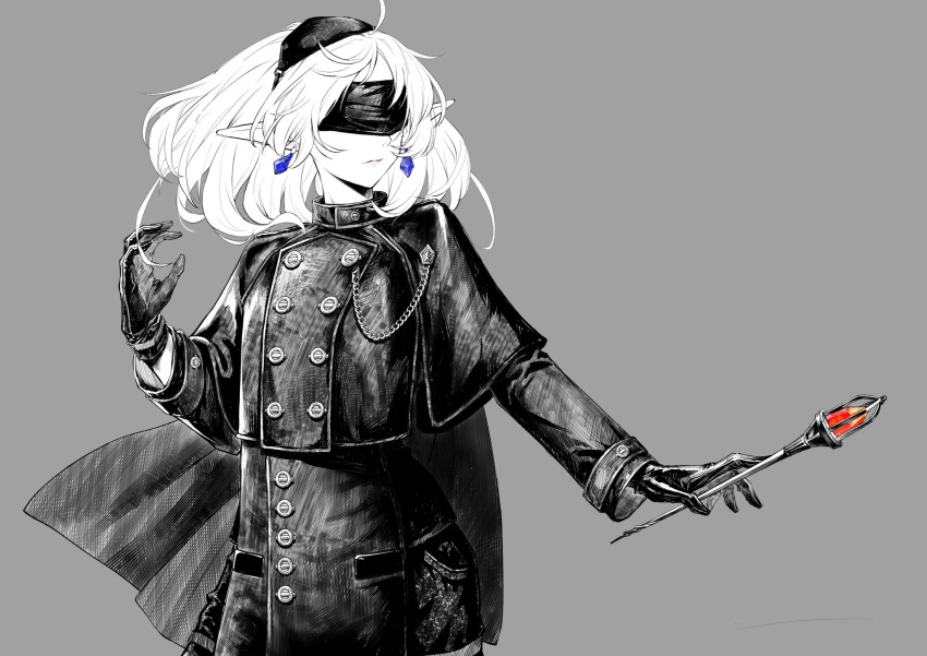 1girl, blindfold, capelet, commentary_request, cowboy_shot, earrings, elf, gloves