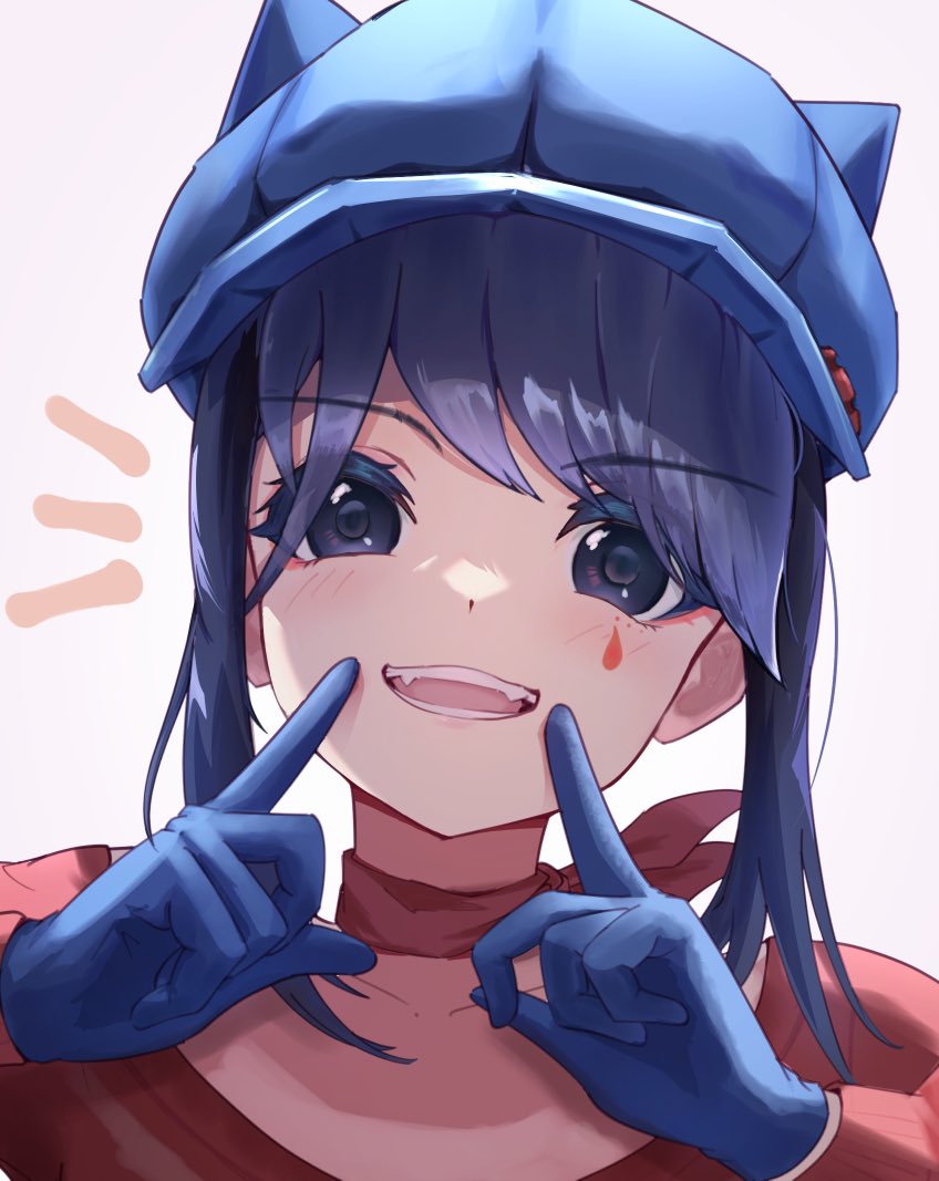 1girl, blue_gloves, blue_hat, blush, collarbone, commentary, cool_mita_(miside), english_commentary