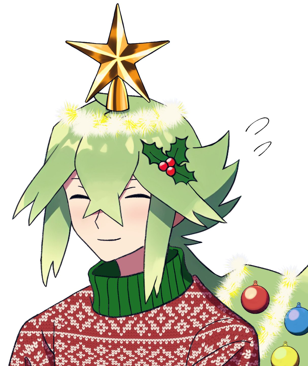1boy, christmas, christmas_ornaments, christmas_ornaments_in_hair, christmas_star, green_hair, highres, male_focus