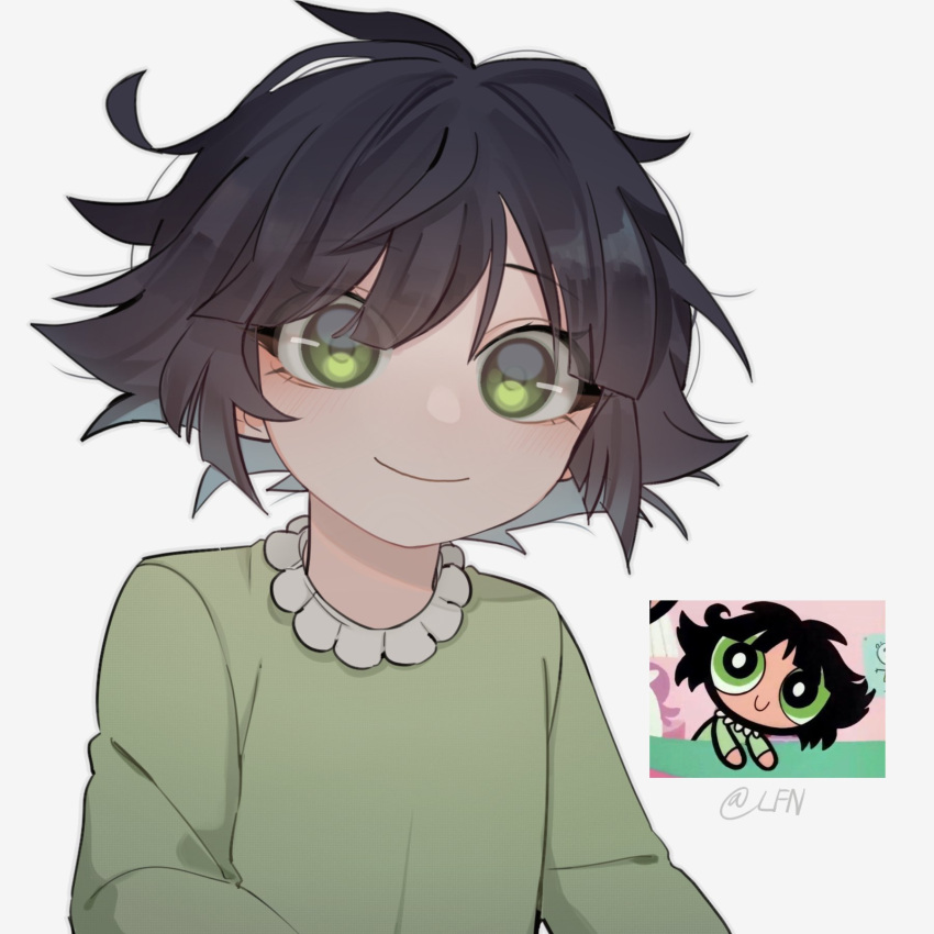 1girl, black_hair, buttercup_(ppg), buttercup_redraw_challenge_(meme), closed_mouth, eyes_visible_through_hair, frilled_shirt, frills