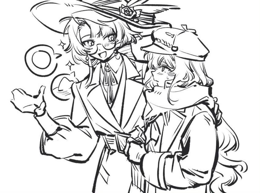2girls, belt, blunt_bangs, bow, bowtie, cabbie_hat, clenched_hand, coat