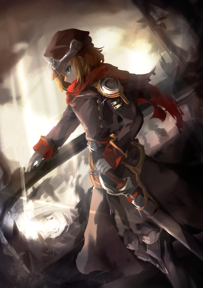 1boy, absurdres, black_coat, black_hat, black_pants, blonde_hair, blue_eyes, brown_background, coat, dutch_angle, einbroch_guard, feet_out_of_frame, glint, gloves, hat, highres, holding, holding_sword, holding_weapon, ison_(vergil710978), male_focus, military_hat, military_uniform, pants, peaked_cap, ragnarok_online, red_scarf, scarf, sheath, sheathed, short_hair, solo, standing, sword, weapon, white_gloves