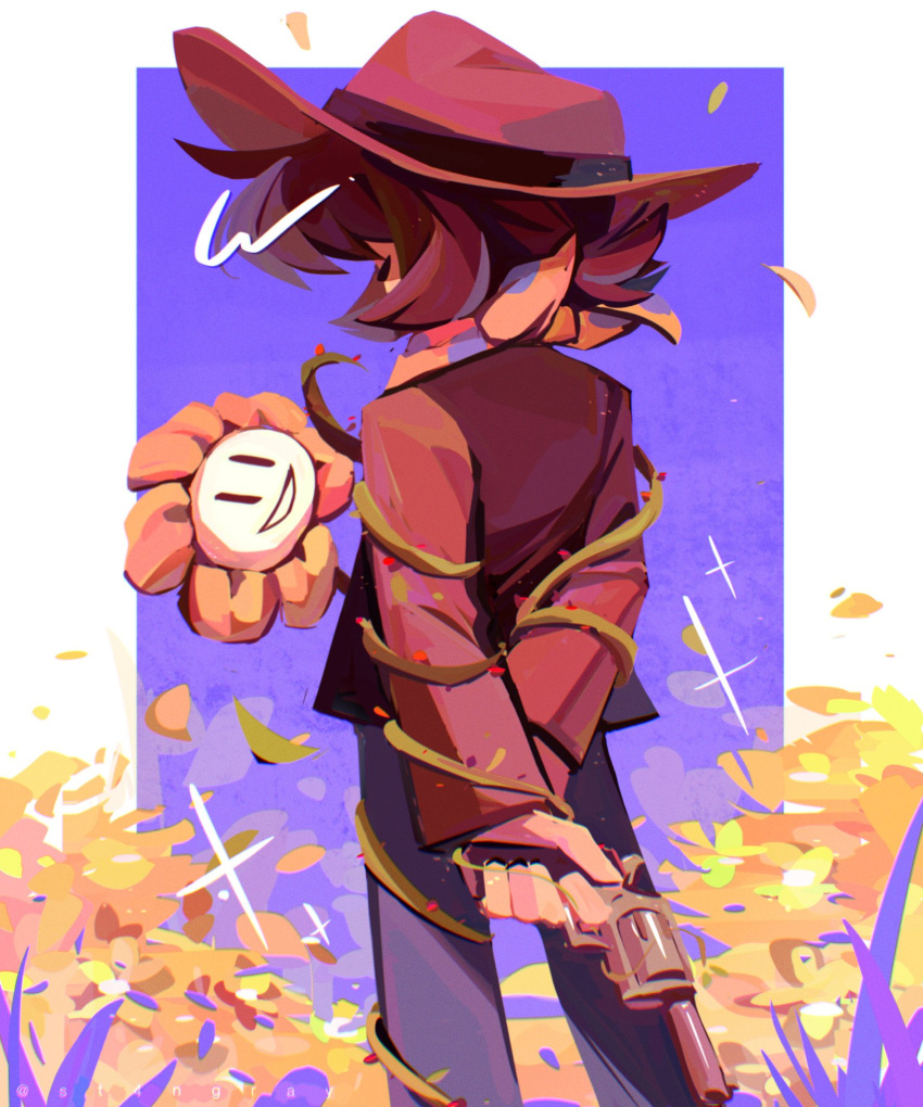1other, arms_behind_back, bandana, blue_bandana, border, brown_hair, brown_hat, brown_shirt