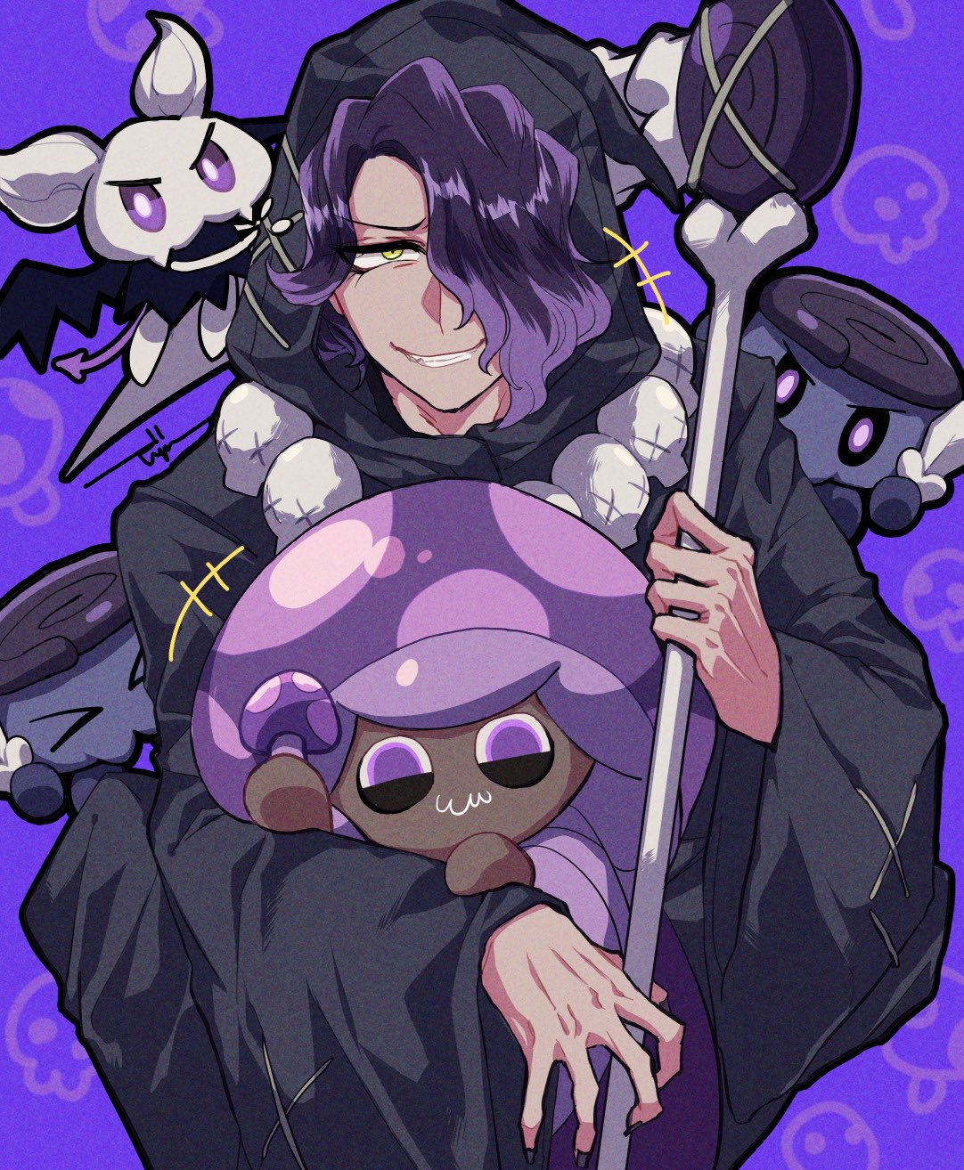 +++, 1boy, 1other, bat-cat, black_robe, closed_mouth, commentary_request, cookie_run