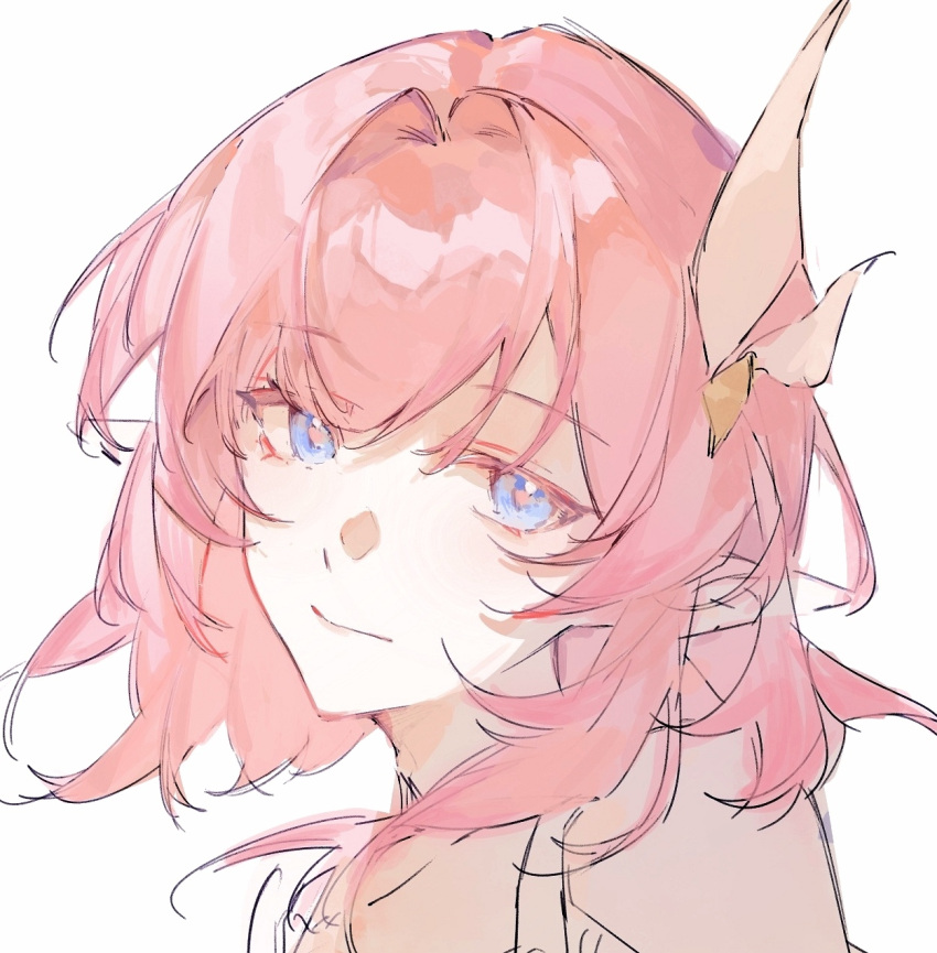 1girl, 3820334682, aqua_eyes, bare_shoulders, blunt_bangs, chinese_commentary, closed_mouth, collarbone, cyrene_(honkai:_star_rail), hair_ornament, head_tilt, highres, honkai:_star_rail, honkai_(series), light_smile, looking_at_viewer, looking_to_the_side, pink_hair, pink_pupils, pointy_ears, short_hair, simple_background, sketch, sleeveless, solo, upper_body, wavy_hair, white_background