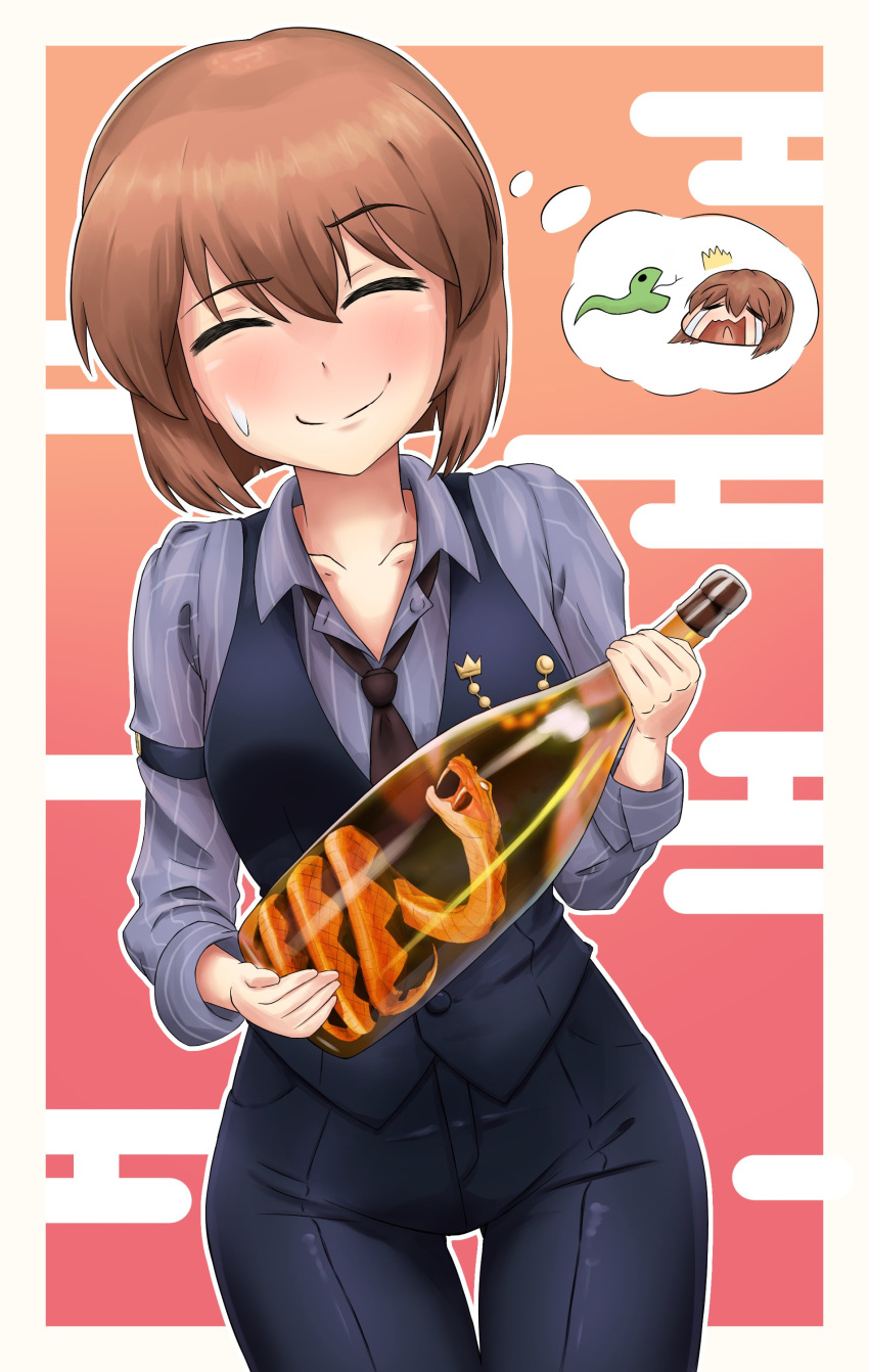 1girl, ^^^, absurdres, arm_strap, bartender, black_pants, black_vest, blush