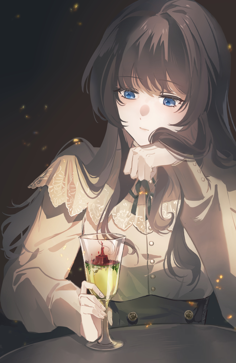 1girl, alcohol, black_background, black_corset, black_ribbon, blue_eyes, brown_hair, buttons
