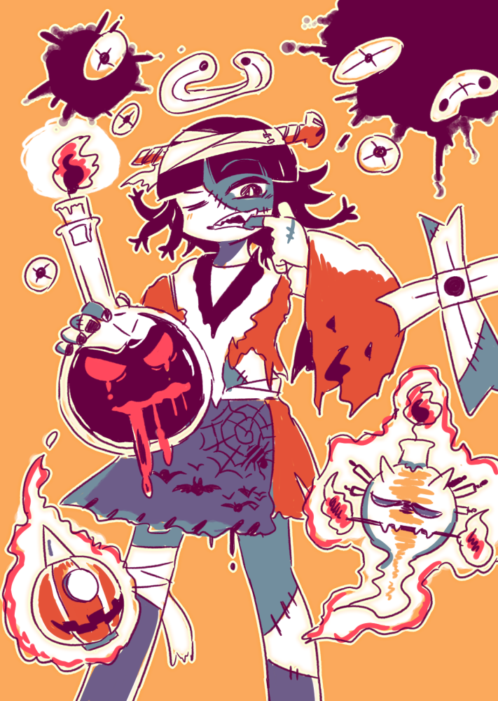 1other, animal_print, apron, bandaged_leg, bandages, bare_legs, bat_print, black_apron, black_hair, blunt_bangs, bright_pupils, burabura, candle, chikafumikou, cosplay, dripping, feet_out_of_frame, fingernails, fire, frankenstein's_monster, frankenstein's_monster_(cosplay), frown, halloween, holding_potion, japanese_clothes, kimono, len'en, light_blush, limited_palette, medium_hair, mouth_pull, one_eye_closed, orange_background, orange_kimono, outline, paint_splatter, para's_siblings, para_(len'en), parted_bangs, sharp_teeth, single_bare_shoulder, solo, spider_web_print, split_ends, stitched_face, stitched_leg, stitches, taira_no_chouki_(ghost), teeth, torn_clothes, torn_kimono, torn_sleeves, waist_apron, white_outline, white_pupils