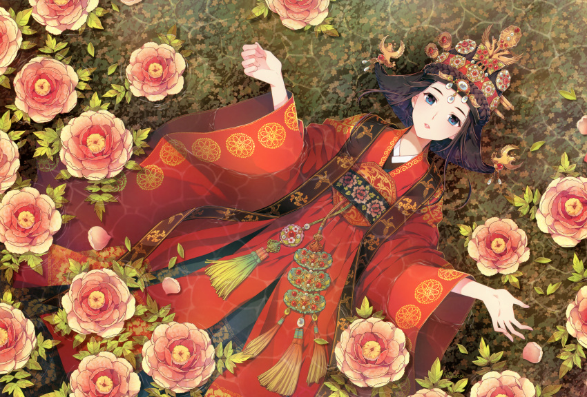 chinese_clothes, dress, flower, flowers, hanfu, nardack, original, peony_(flower), tagme, water