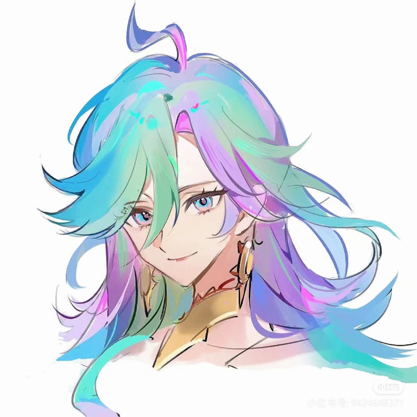 1girl, ahoge, alternate_costume, alternate_hairstyle, chinese_commentary, closed_mouth, detached_collar, earrings