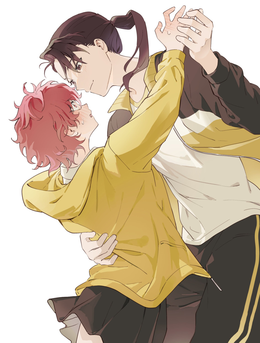 2girls, 5_taku, absurdres, black_jacket, black_pants, black_skirt, blush, brown_eyes