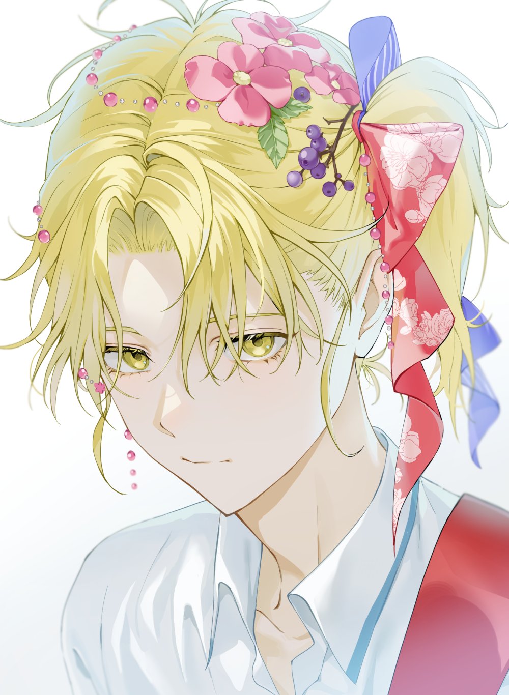 1boy, 5_taku, baek_eunyung, blonde_hair, bow, closed_mouth, collared_shirt, floral_print