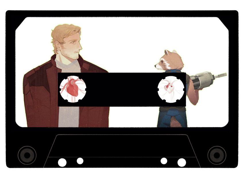 2boys, animal_ears, blonde_hair, cassette_tape, english_commentary, from_behind, furry, furry_male, guardians_of_the_galaxy, gun, heart, hejidingye, highres, holding, holding_gun, holding_weapon, jacket, looking_at_another, male_focus, marvel, marvel_cinematic_universe, multiple_boys, profile, raccoon_boy, raccoon_ears, raccoon_tail, red_jacket, rocket_raccoon, shirt, star_lord, tail, weapon, white_shirt