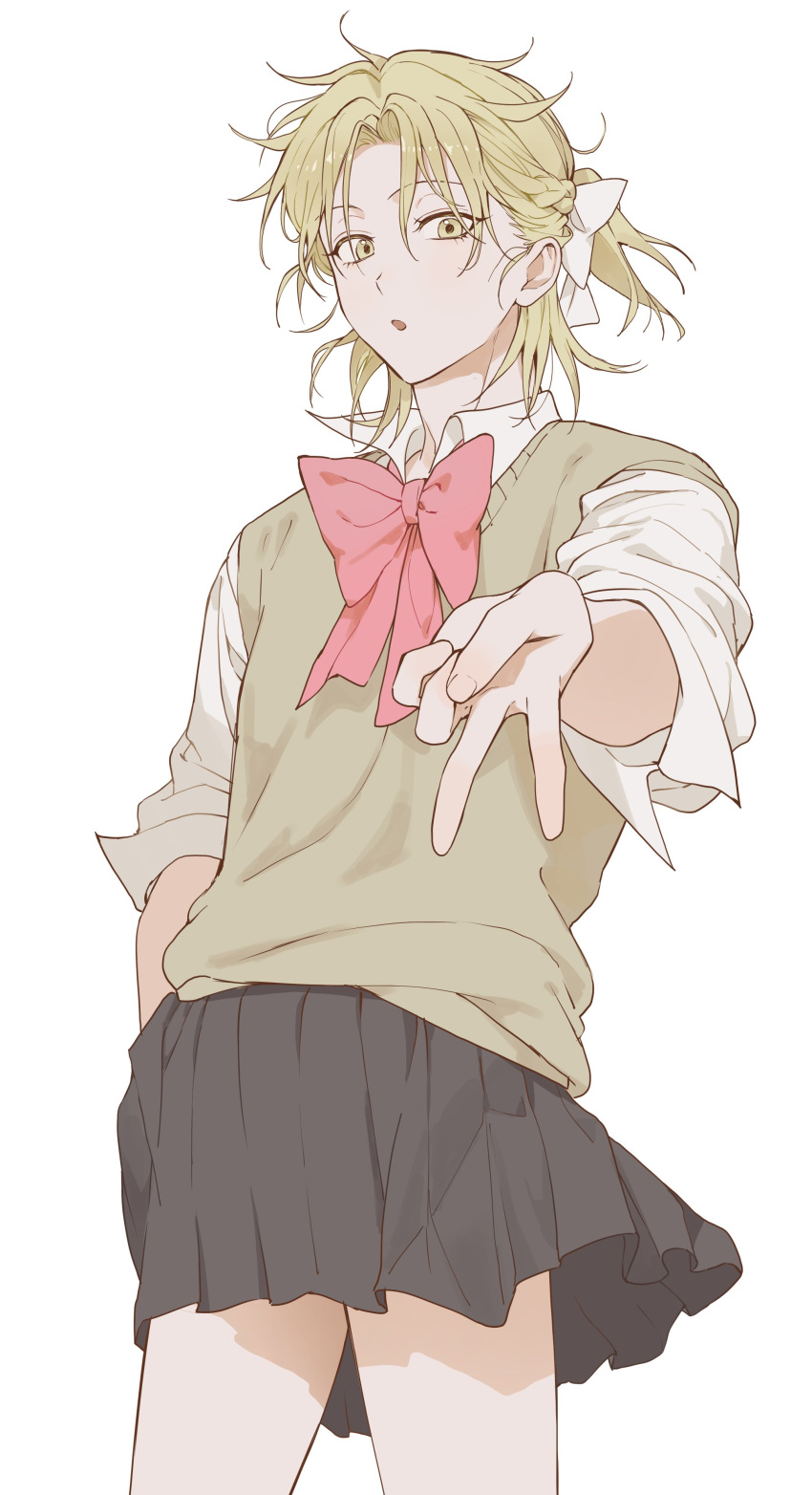 1boy, 5_taku, absurdres, androgynous, baek_eunyung, black_skirt, blonde_hair, bow