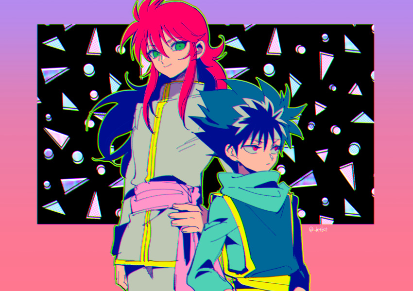 2boys, androgynous, blue_hair, border, chromatic_aberration, commentary_request, floating_hair, gradient_border