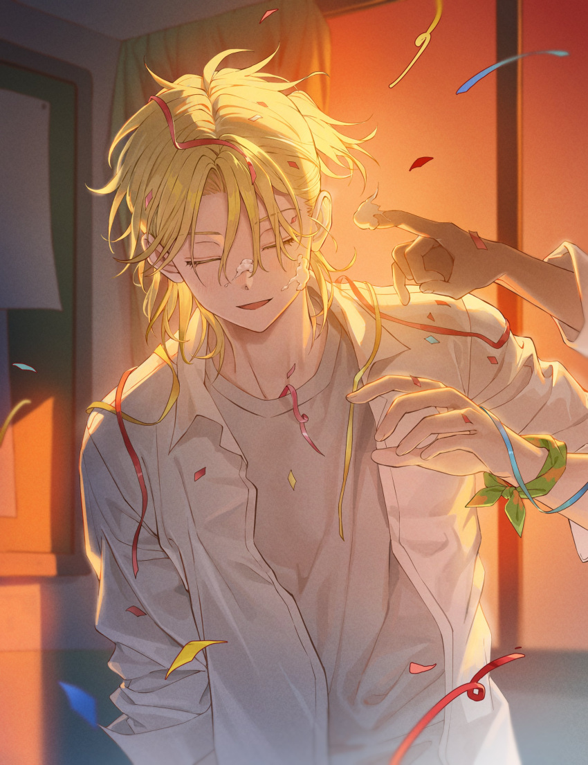 1boy, 1other, 5_taku, absurdres, baek_eunyung, blonde_hair, closed_eyes, confetti