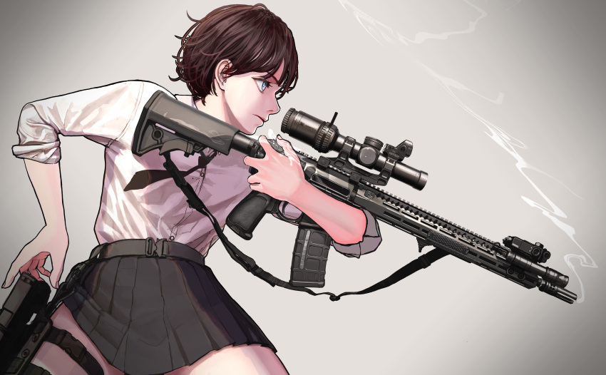 1girl, absurdres, ar-15, assault_rifle, belt, black_necktie, black_skirt, blue_eyes