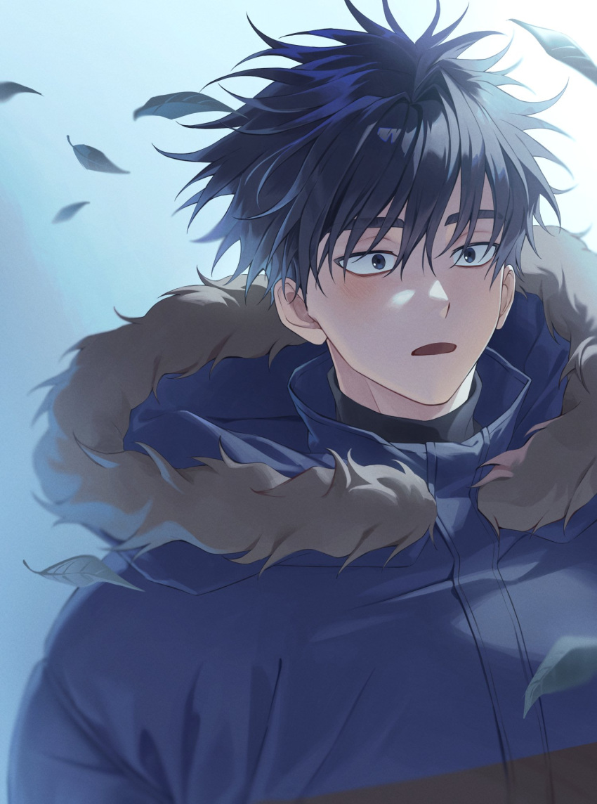 1boy, 5_taku, black_eyes, black_hair, black_shirt, blue_background, blue_jacket, blush