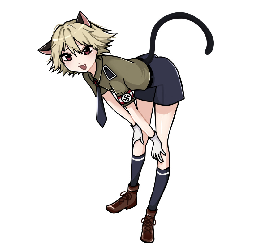 1boy, absurdres, animal_ears, blonde_hair, cat_boy, cat_ears, cat_tail, fang, full_body, gloves, hands_on_own_knees, hellsing, highres, leaning_forward, military_uniform, nazi, schroedinger_(hellsing), short_hair, shorts, solo, swastika, tail, white_gloves