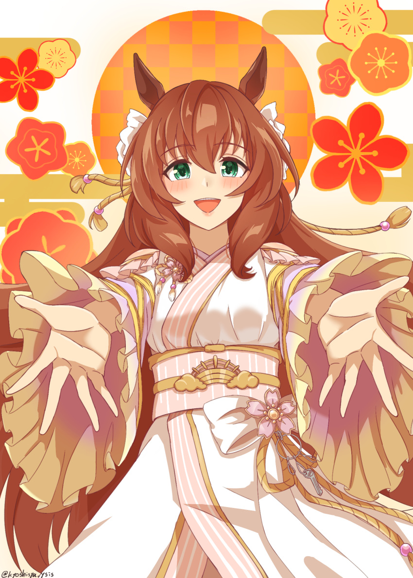1girl, animal_ears, blush, breasts, commentary_request, green_eyes, hair_between_eyes, highres, horse_ears, horse_girl, horse_tail, jewelry, kyoshinsya_ysis, large_breasts, long_sleeves, looking_at_viewer, maruzensky_(umamusume), necklace, obi, official_alternate_costume, official_alternate_hairstyle, open_mouth, reaching, reaching_towards_viewer, ribbon, sash, smile, solo, tail, umamusume, wide_sleeves
