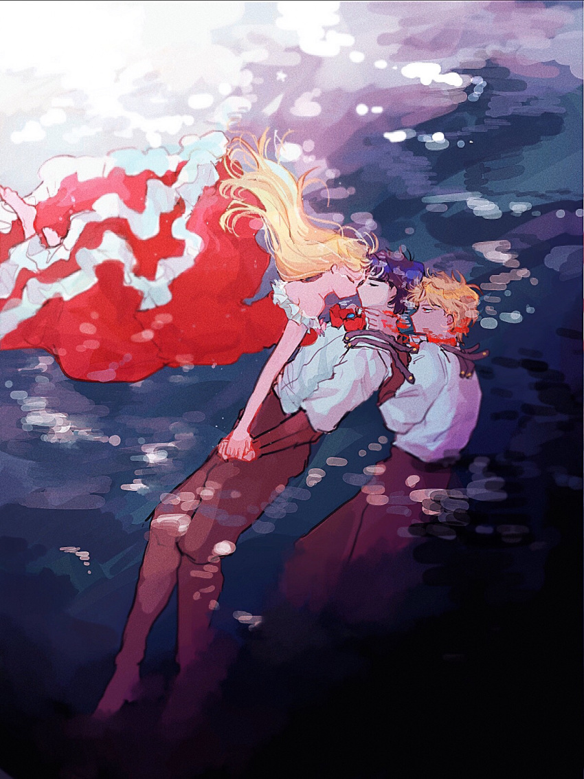 1girl, 2boys, barefoot, blonde_hair, blood, closed_eyes, dio_brando, dress