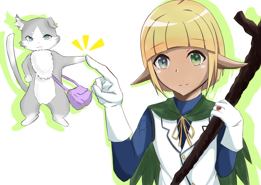 1boy, 1girl, absurdres, bag, blonde_hair, blue_eyes, capelet, fist_bump, gloves, green_capelet, green_eyes, handbag, heterochromia, highres, isekai_quartet, kokono_0209, mare_bello_fiore, medium_hair, overlord_(maruyama), pointy_ears, puck_(re:zero), re:zero_kara_hajimeru_isekai_seikatsu, staff, uchiyama_yumi, upper_body, voice_actor_connection, white_background, white_gloves