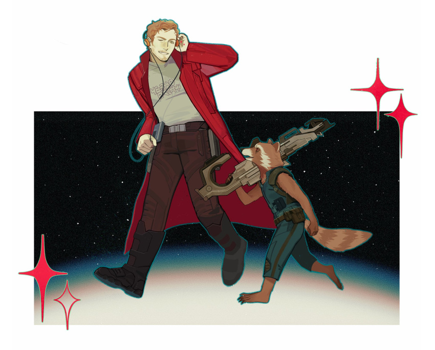 2boys, animal_ears, barefoot, black_footwear, boots, border, brown_pants, coat