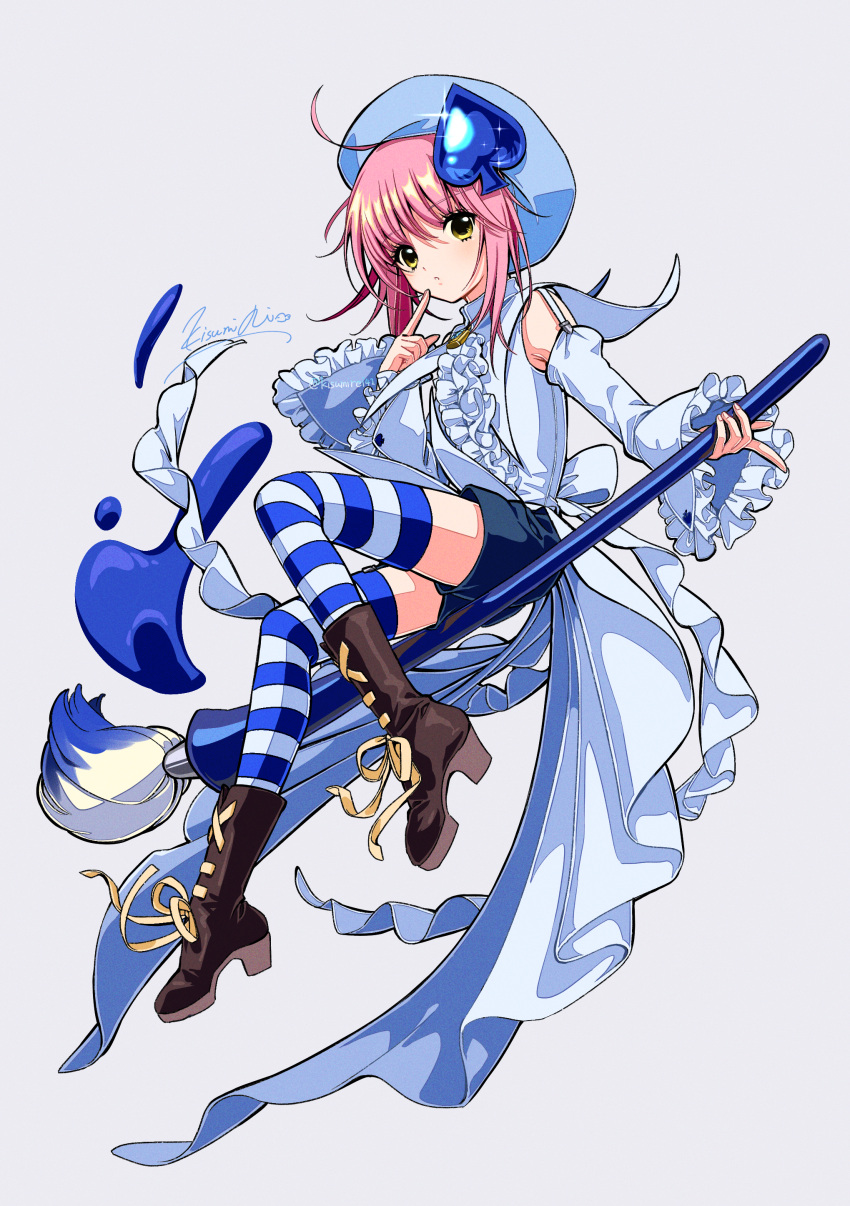 1girl, absurdres, ahoge, amulet_spade, artist_name, blue_hat, blue_shorts, blue_thighhighs
