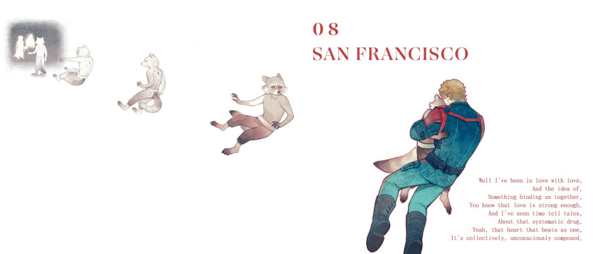 2girls, 3boys, animal_ears, black_pants, blonde_hair, english_text, floor_(mcu), furry