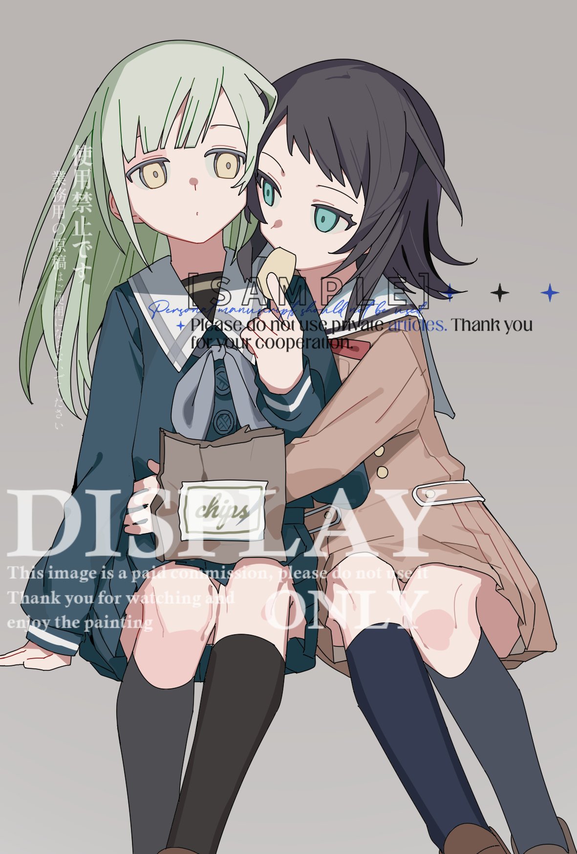 1_(mmsgiy), 2girls, bang_dream!, bang_dream!_it's_mygo!!!!!, black_hair, black_socks, blue_eyes, blue_shirt