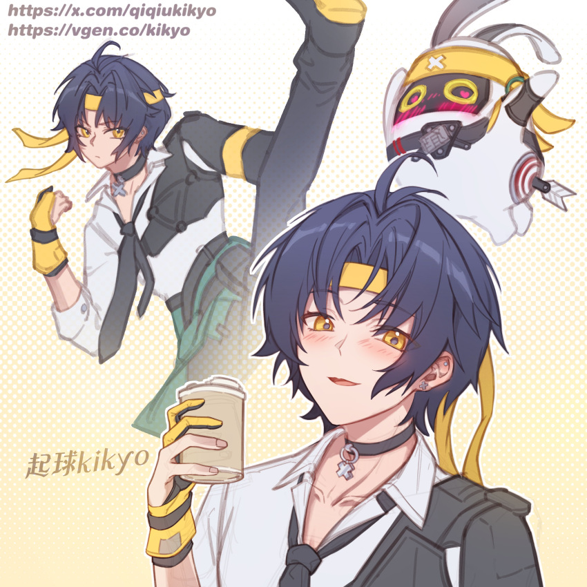 1boy, 1other, absurdres, artist_name, asaba_harumasa, asaba_harumasa_bangboo, black_gloves, black_hair
