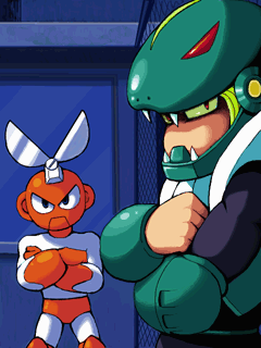 2boys, cutman, fence, lowres, mega_man_(classic), mega_man_(series), qvga, robot