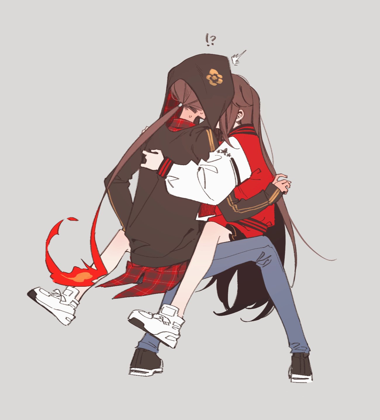 !?, 1boy, 1girl, arm_around_back, black_footwear, black_jacket, black_skirt, brother_and_sister