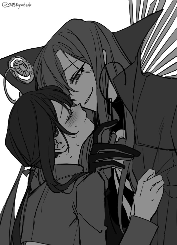 1boy, 1girl, black_gloves, black_hair, blush, brother_and_sister, cape_hold, closed_eyes