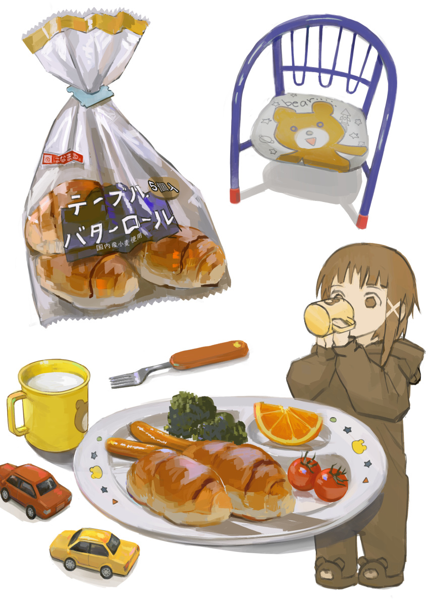 1girl, absurdres, animal_slippers, bread, broccoli, brown_eyes, brown_hair, chair