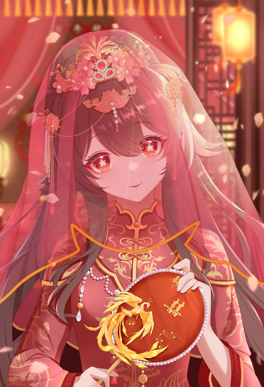 1girl, absurdres, alternate_costume, alternate_hairstyle, architecture, blurry, brown_hair, chinese_clothes