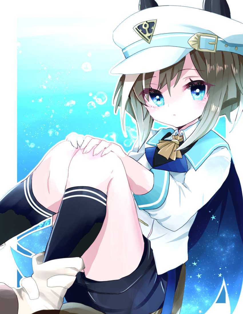 1girl, animal_ears, blue_eyes, blush, breasts, brown_hair, cape, cheval_grand_(umamusume), closed_mouth, commentary_request, hair_between_eyes, hair_ornament, hat, highres, horse_ears, horse_girl, looking_at_viewer, medium_breasts, medium_hair, reya_p_d3, shorts, simple_background, sitting, solo, umamusume