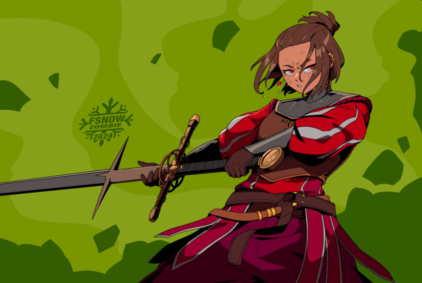 1girl, abstract_background, armor, artist_logo, belt, breastplate, brown_gloves, brown_hair