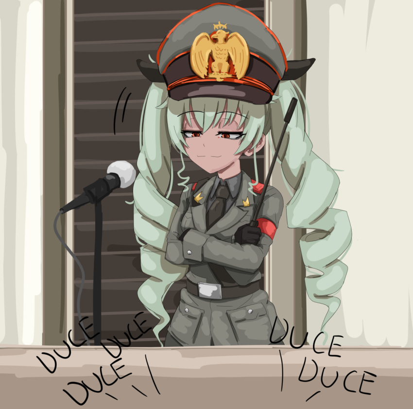 1girl, anchovy_(girls_und_panzer), baton_(weapon), belt, benito_mussolini, benito_mussolini_(cosplay), black_belt, black_necktie
