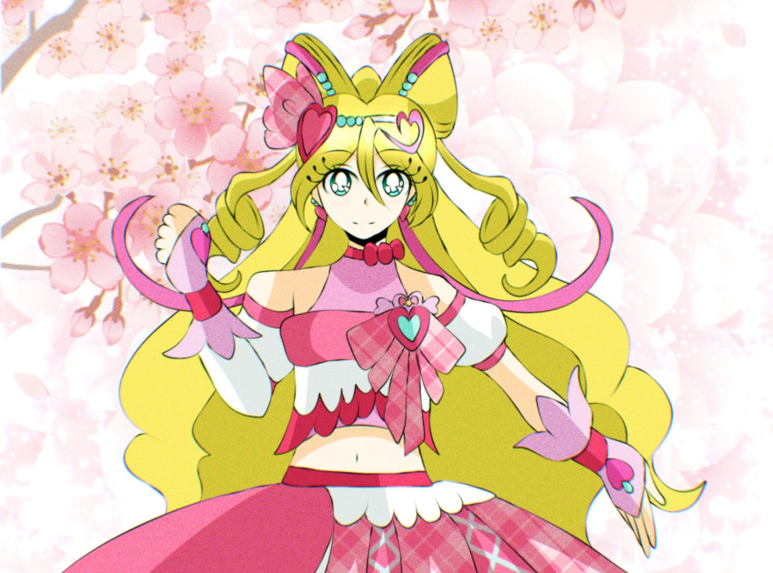 1990s_(style), blonde_hair, bow, cherry_blossoms, cure_idol, gloves, green_bean, green_eyes, highres, long_hair, pink_bow, pink_gloves, pink_hair, pink_sarong, pink_skirt, precure, retro_artstyle, sakura_uta_(you_and_idol_precure), sarong, skirt, you_and_idol_precure