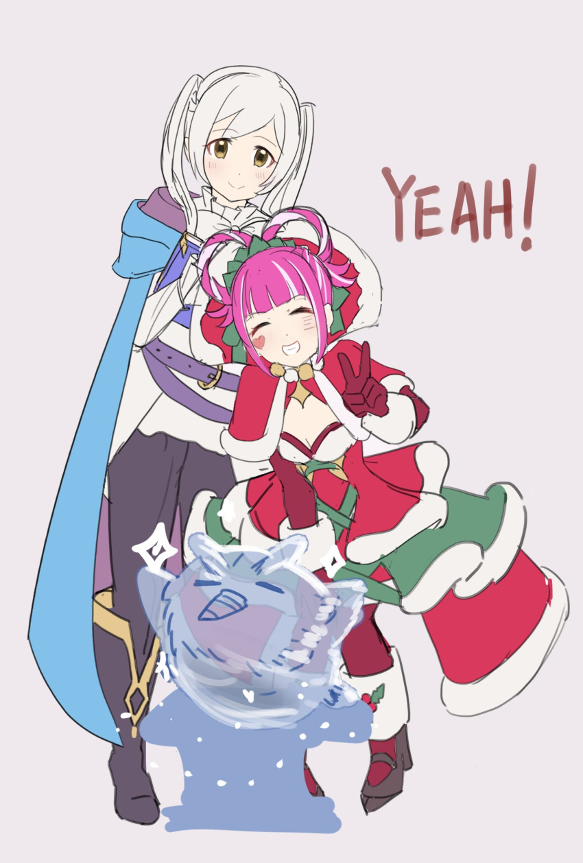 2girls, ayanodesuu, black_footwear, black_pants, blue_cape, blunt_bangs, brown_eyes, cape, capelet, closed_eyes, closed_mouth, dress, english_text, facial_mark, feh_(fire_emblem_heroes), fire_emblem, fire_emblem_awakening, fire_emblem_engage, fire_emblem_heroes, full_body, gloves, hair_rings, heart, heart_facial_mark, highres, hortensia_(fire_emblem), hortensia_(winter's_dearest)_(fire_emblem), ice_sculpture, looking_at_viewer, multiple_girls, official_alternate_costume, pants, red_capelet, red_dress, red_gloves, robin_(female)_(exalt's_right_hand)_(fire_emblem), robin_(female)_(fire_emblem), robin_(fire_emblem), santa_capelet, santa_dress, shirt, smile, teeth, twintails, v, white_hair, white_shirt