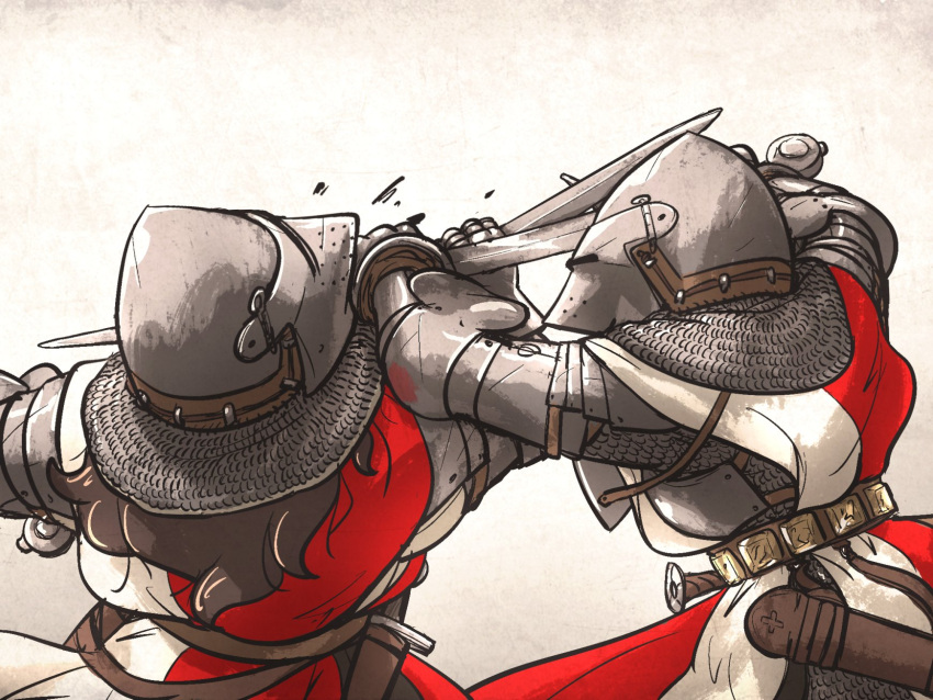2girls, armor, aventail, belt, breastplate, brown_hair, chainmail, commentary