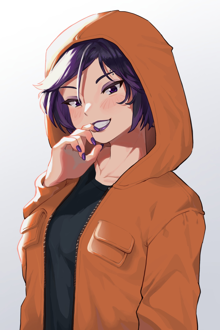 1girl, amburrge, animification, breast_pocket, commentary, eyebrow_piercing, eyeshadow, genderswap