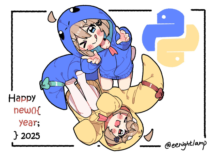 >_o, 2025, 2girls, :q, ;d, ahoge, animal_costume, blue_eyes