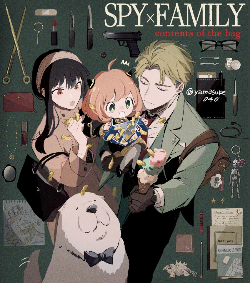 1boy, 2girls, anya_(spy_x_family), bag, bag_charm, bandaid, black_bow, black_bowtie