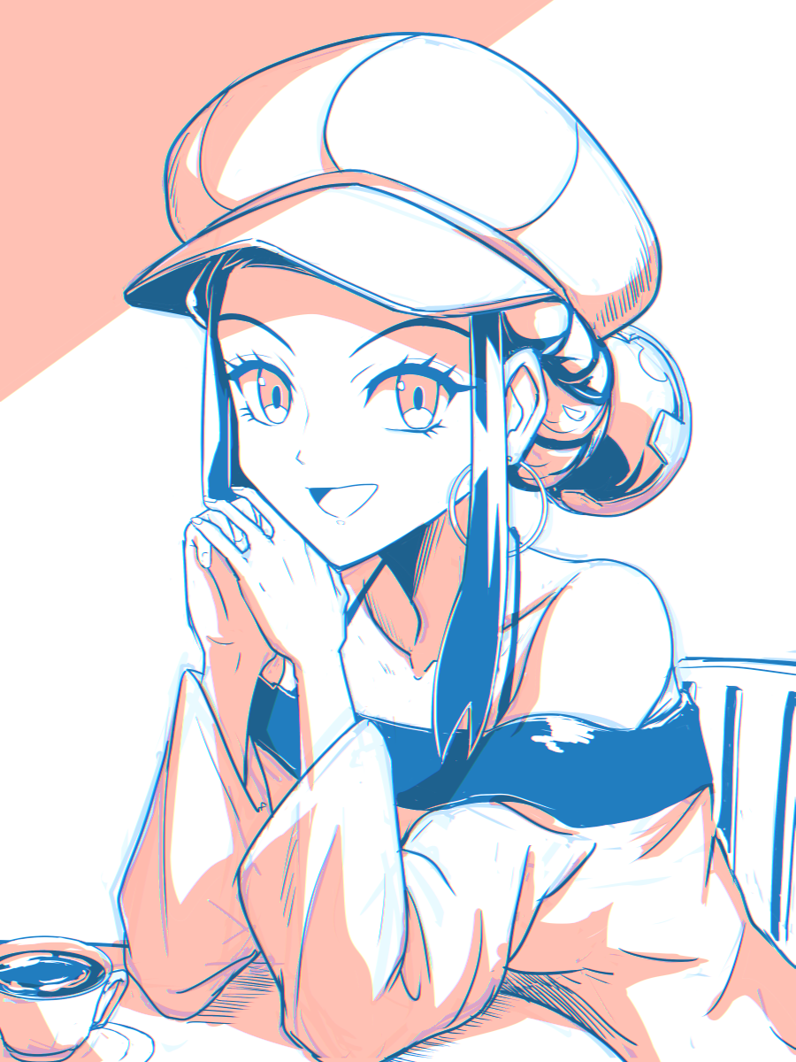 1girl, :d, alternate_costume, alternate_hairstyle, bare_shoulders, commentary_request, cup, earrings